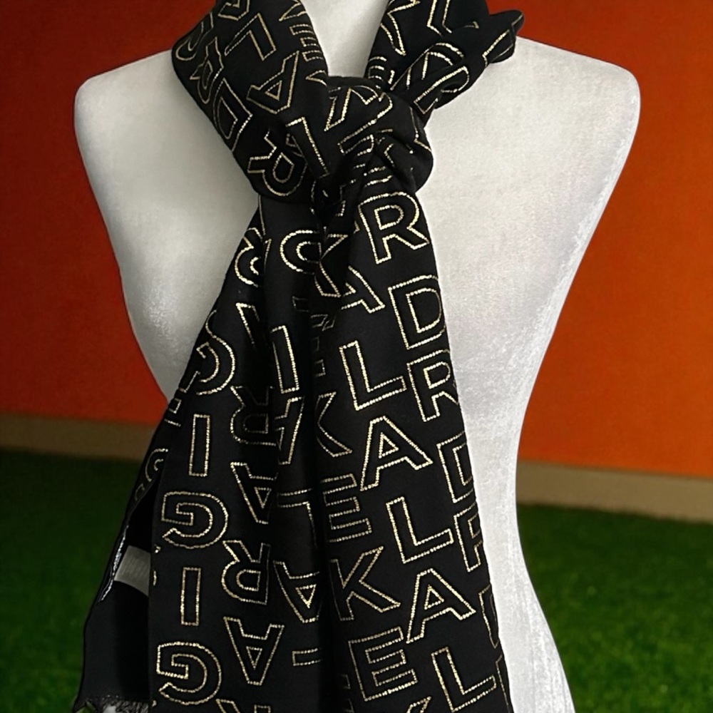 Karl Lagerfeld Paris Logo Gold Metallic - Black 100% Viscose Scarf